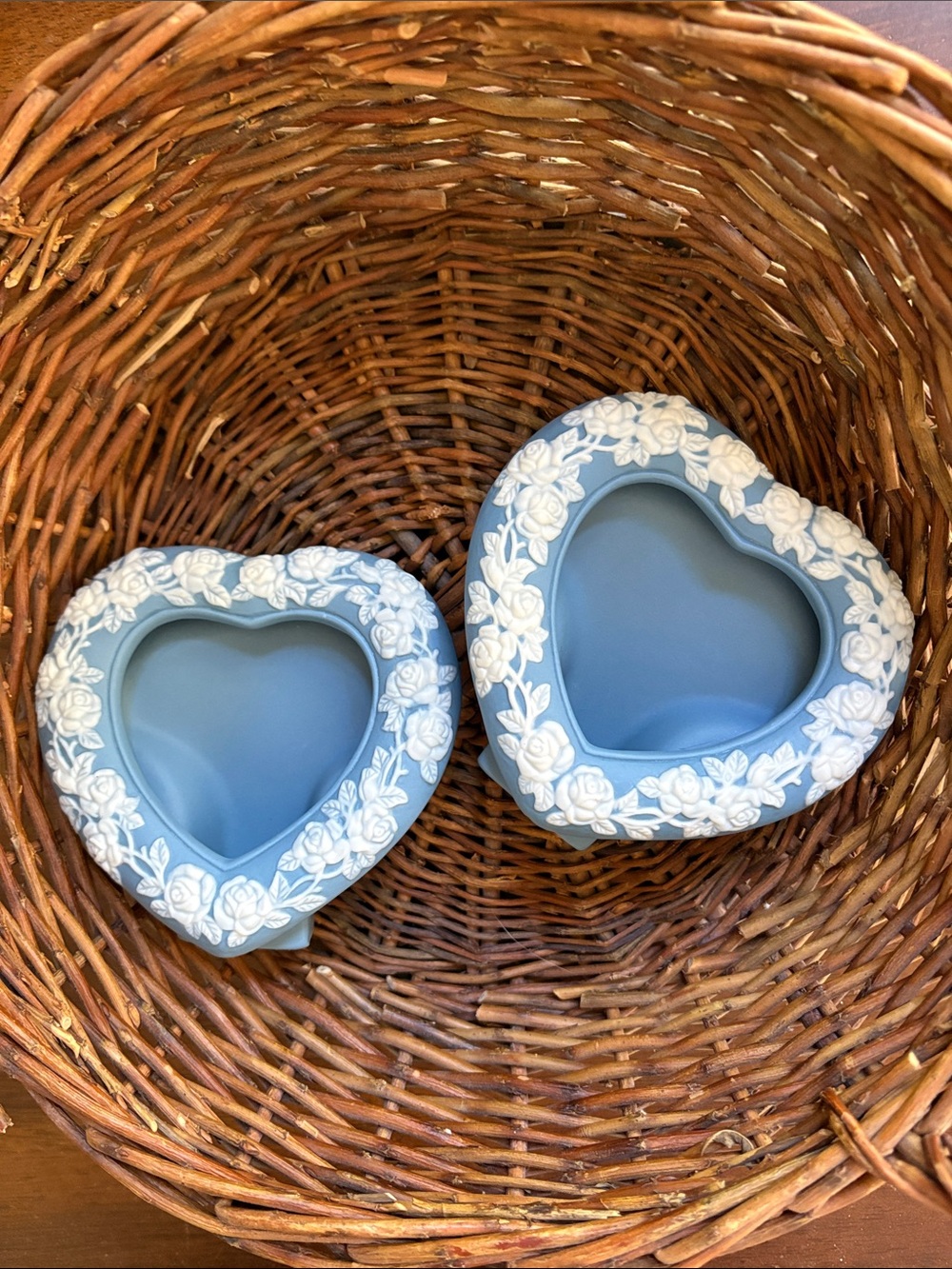 Blue Ceramic Heart frames with White Floral Relief